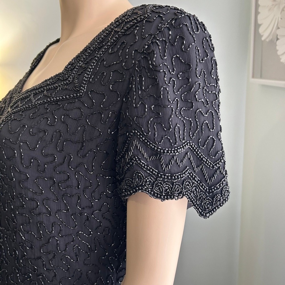 Vintage 80s Cote d'Azur Black Beaded Silk Evening Blouse Sweetheart Top L - Picture 5 of 10